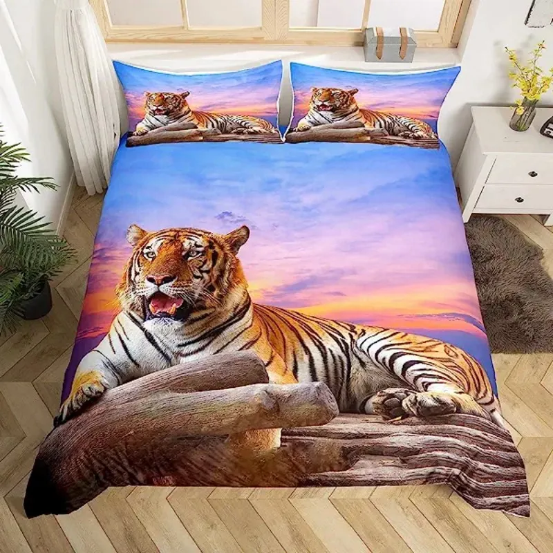 

Tiger Duvet Cover Wild Animal Bedding Set Animal Theme Comforter Cover Microfiber Sunset for Children Adults Room Decorations