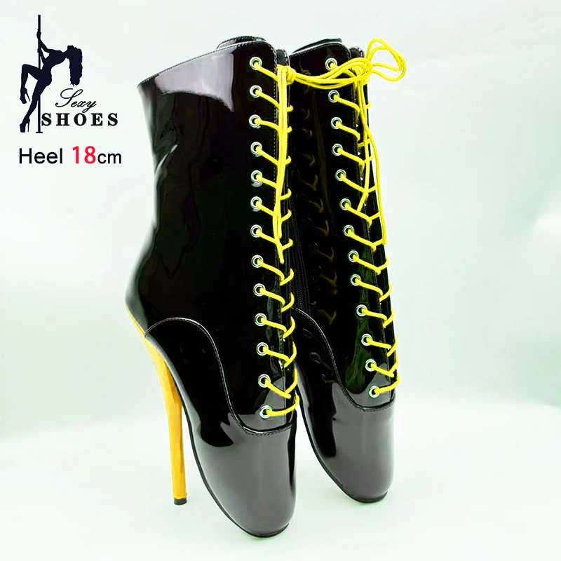 18CM/7'' Ballet Boots Extreme Stiletto High Heel Black Sexy Fetish Ballet Shoes Plus Size 46 Women Lace Up Short Booties Mujer
