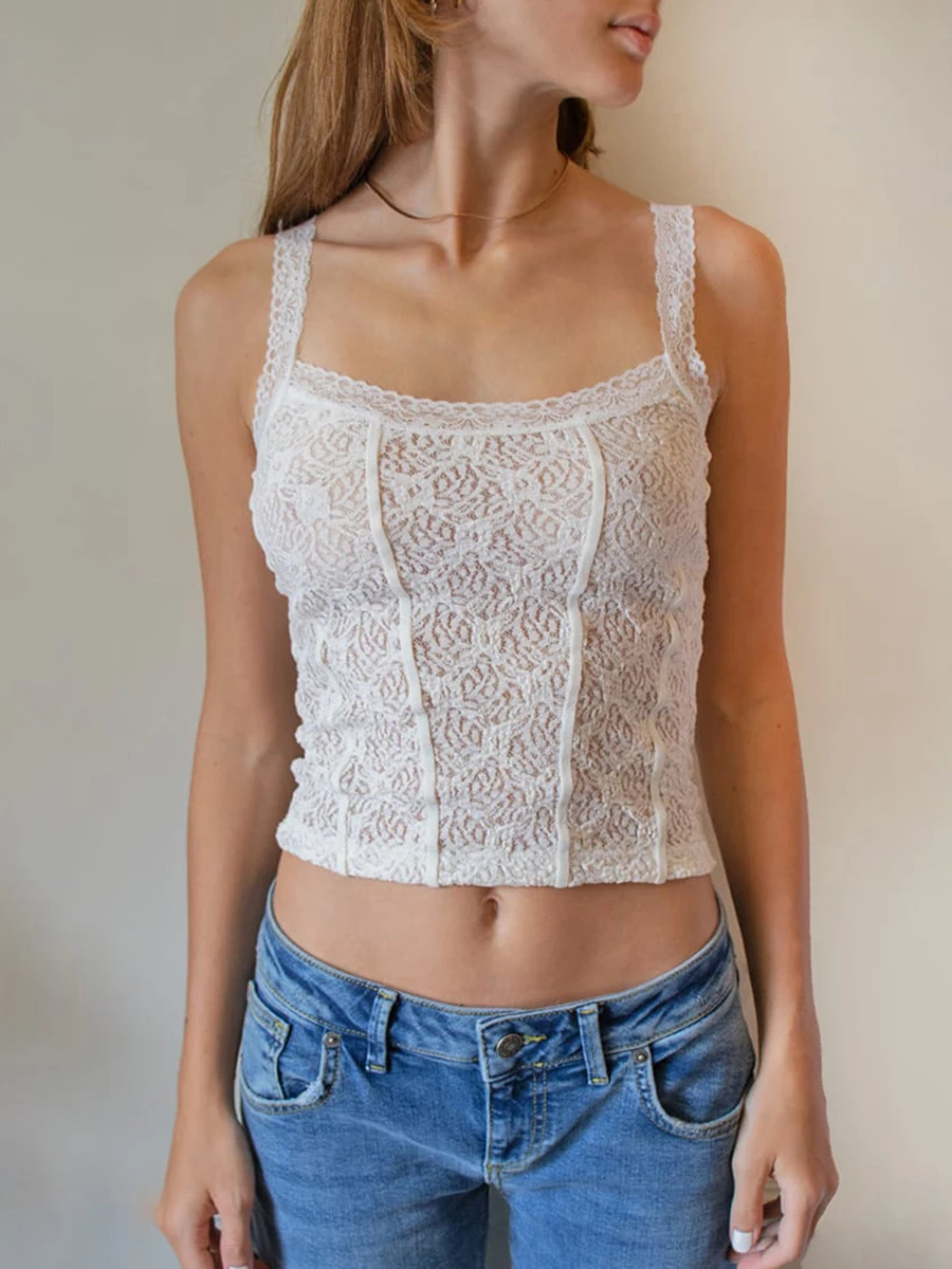 

Women Sexy Lace Mesh Tank Tops Summer Sleeveless Backless Low Cut Camisole Hollow Fitted Floral Short Vest Crop Tops
