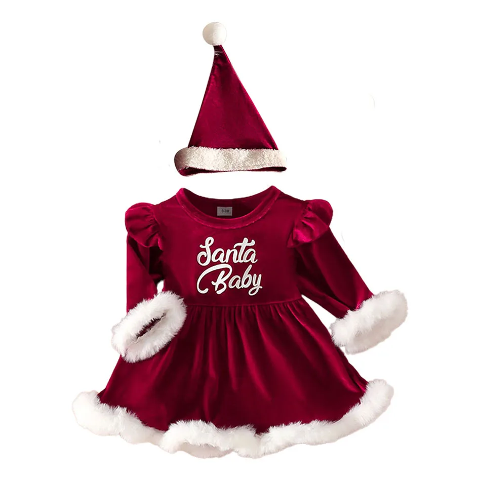 

Baby Clothing Children's Red Long Sleeved Round Neck Letter Dress Christmas Baby Dress Christmas Hat Two-Piece Set Baby Gift
