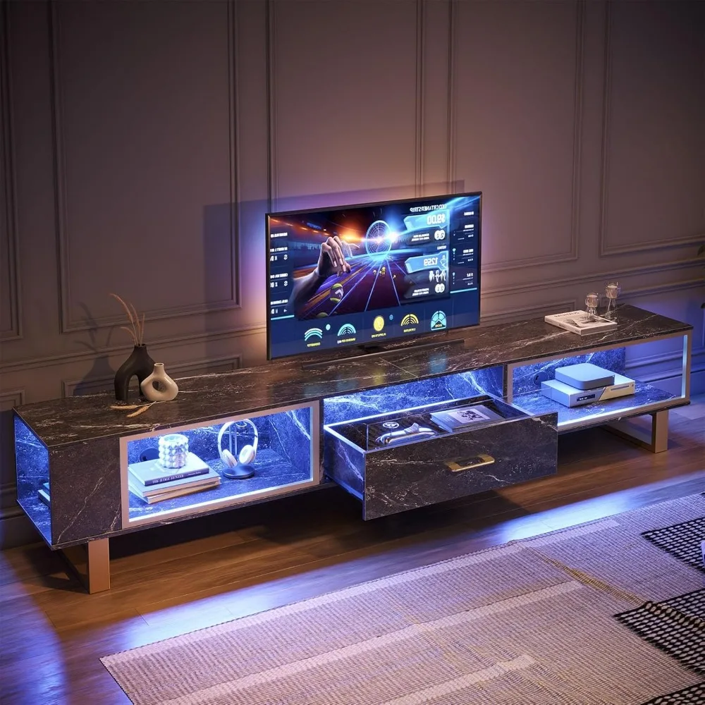 80 Inch TV Stand for 65/75/85/90 Inch TVs, LED Gaming Entertainment Center with Open Storage, Modern High Gloss Media Console 4
