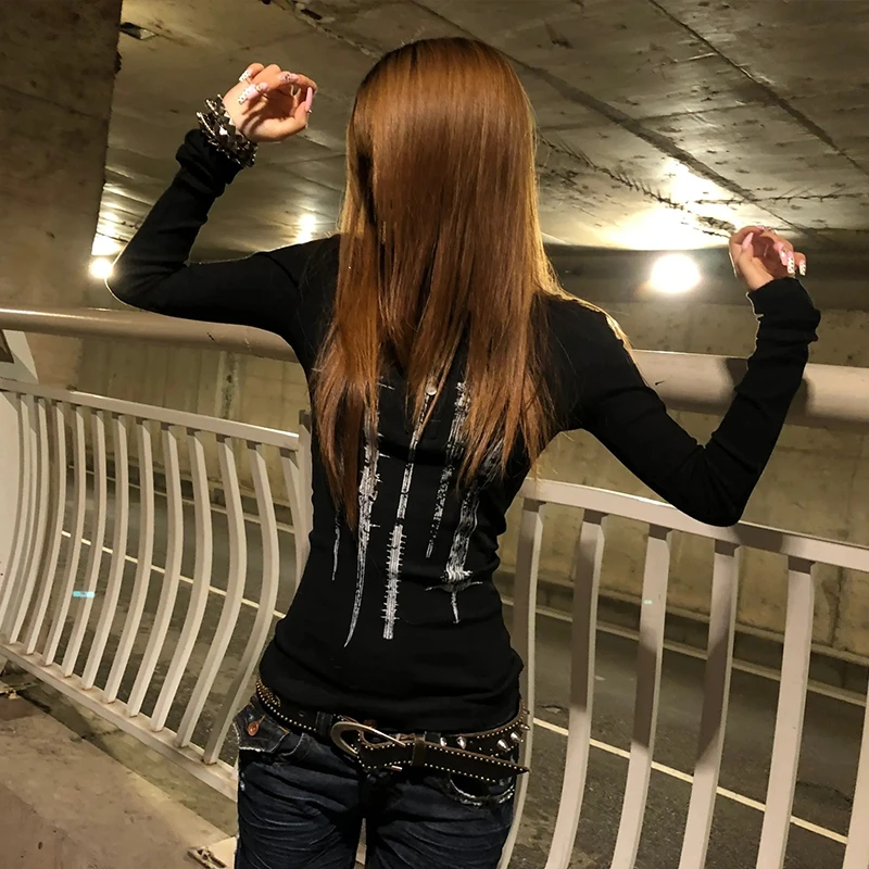Karrcat Grunge Aesthetics Tattoo Print Knitted Tops Trashy Y2k Long Sleeve Knit T-shirt Vintage Gothic Button Top American Retro 4