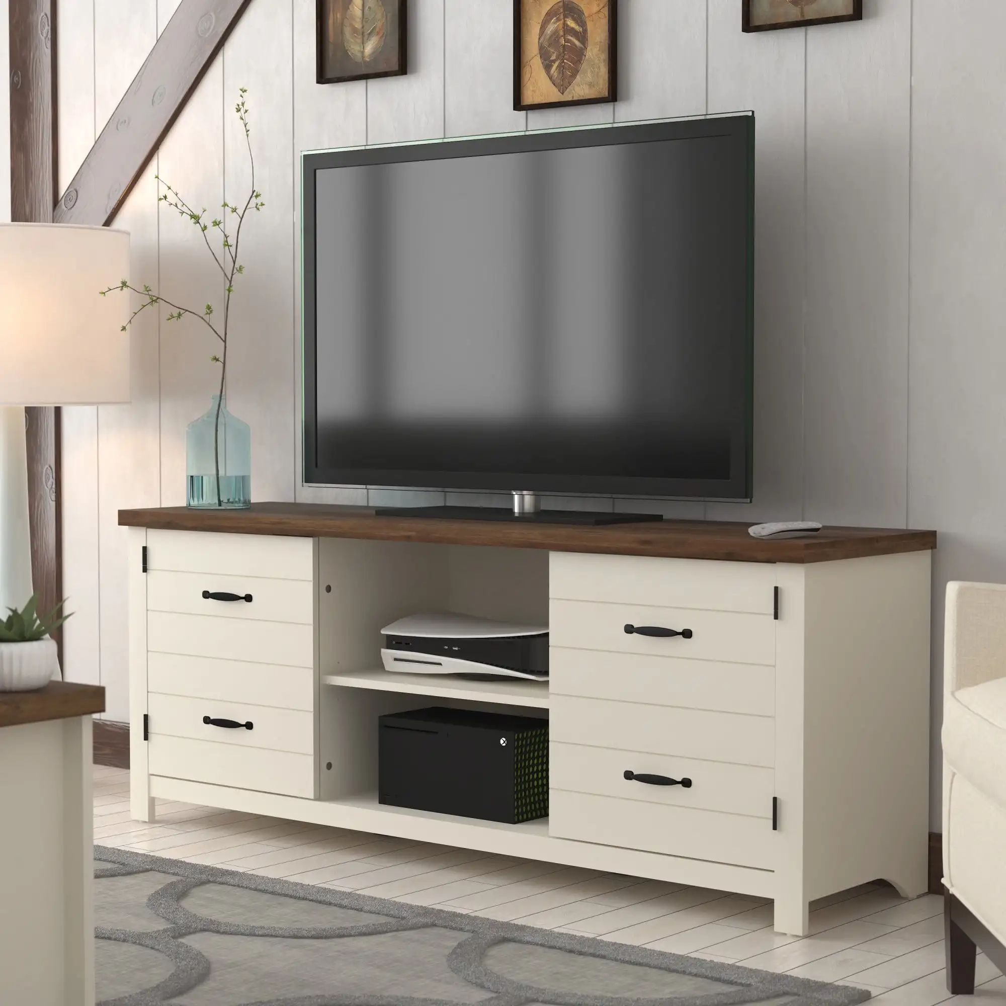 

Lancaster Farmhouse 60” TV Stand with Charging Station for TV’s up to 65”, Ivory/Oak