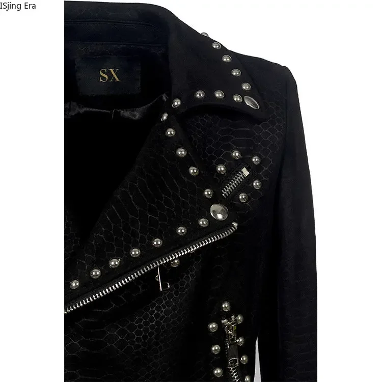 Lapel Zippered Leather Jacket, Handsome Punk Rivet Deerskin Velvet Jacket, Women's Motorcycle Jacket S3