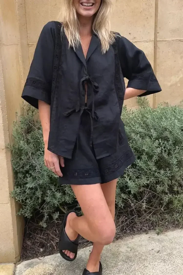 Women Summer 2 Piece Set Bow Lace Up Shirts with Shorts Chic Patchwork Short Pant Suit Solid Hollow Out Casual Sexy Outfits
