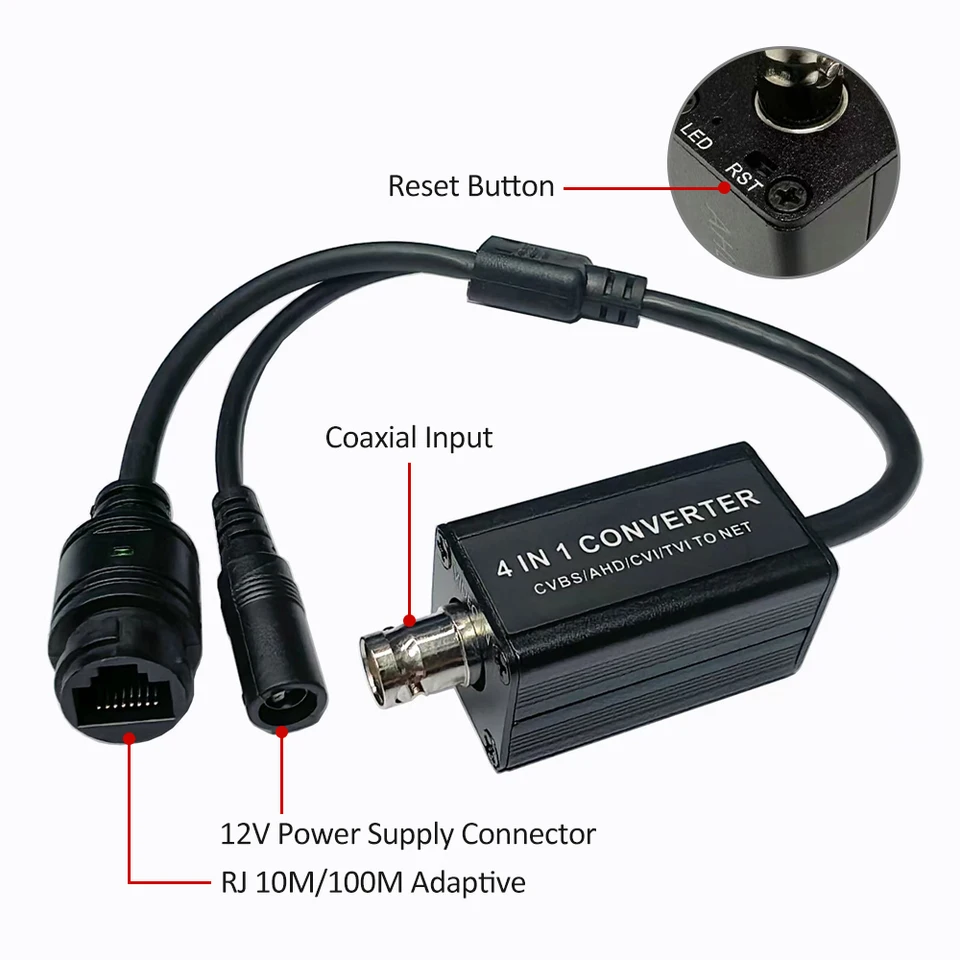 Convertitore Video 4-in-1 AHD/TVI/CVI/CVBS – Ingresso BNC E Uscita RJ45, Per Telecamere Di Sicurezza