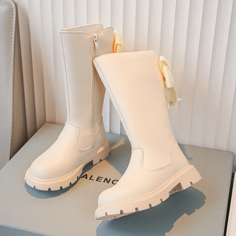 Girls Leather Boots Chic Bowtie Causal Long Boots