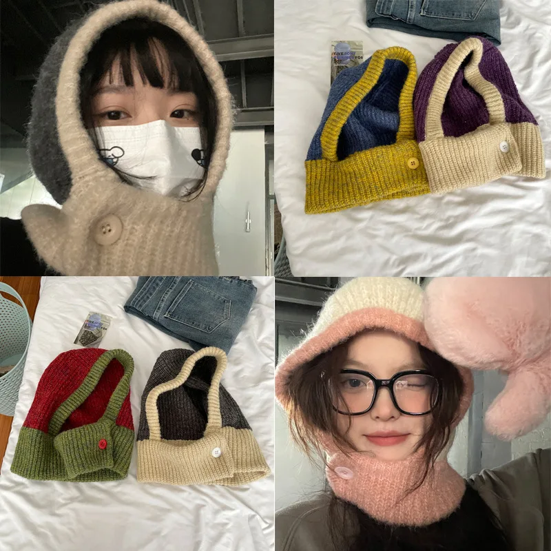 

Balaclava Hat Knitted Wool Cap Pullover Hat Women Winter Models Neck Protection Neck Scarf all-in-one Knitted Hat Free Shipping