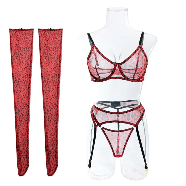 Mesh Leopard Print Lingerie Four Pieces Set 2