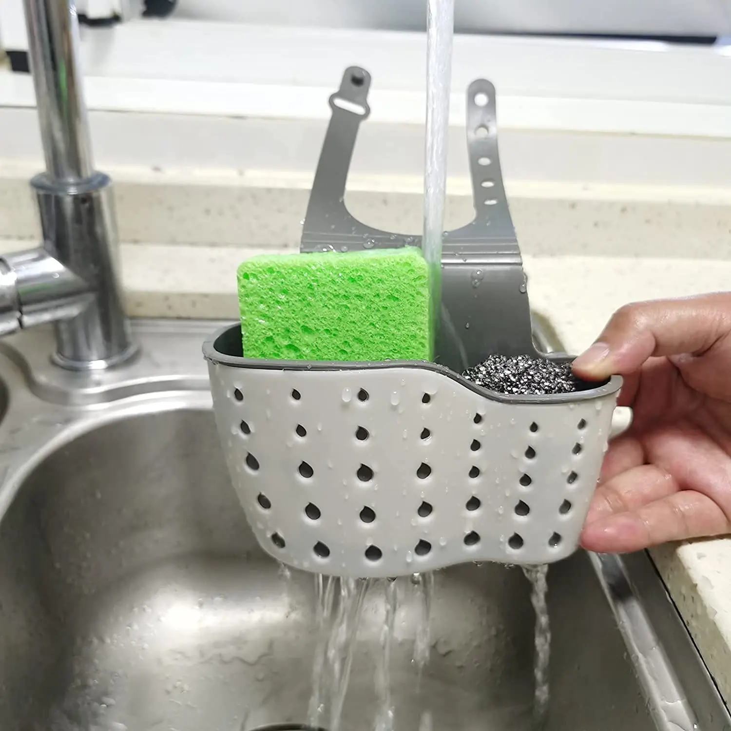 Kitchen Sink Caddy Sponge Holder Silicone Plastic Soap Holder Hanging  Ajustable Strap Faucet Caddy with Drain Holes for Drying