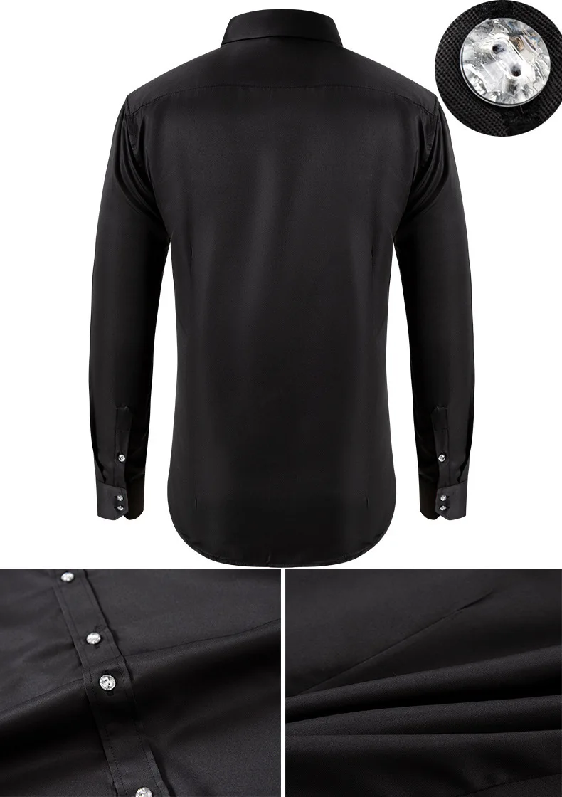 Solid color shirt men's crystal button long sleeved pointed collar light luxury men's business casual men's wear