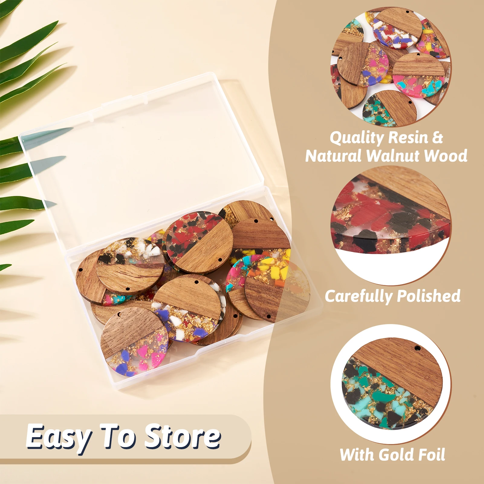 16Pcs Transparent Resin Wood Pendants Gold Color Foil Flat Round Charms for DIY Jewelry Earrings Necklace Jewelry Making