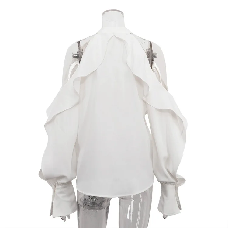 Blusa informal blanca con volantes para mujer, estilo patchwork, con hombros descubiertos, elegante, lisa, de cintura alta, estilo urbano, de verano