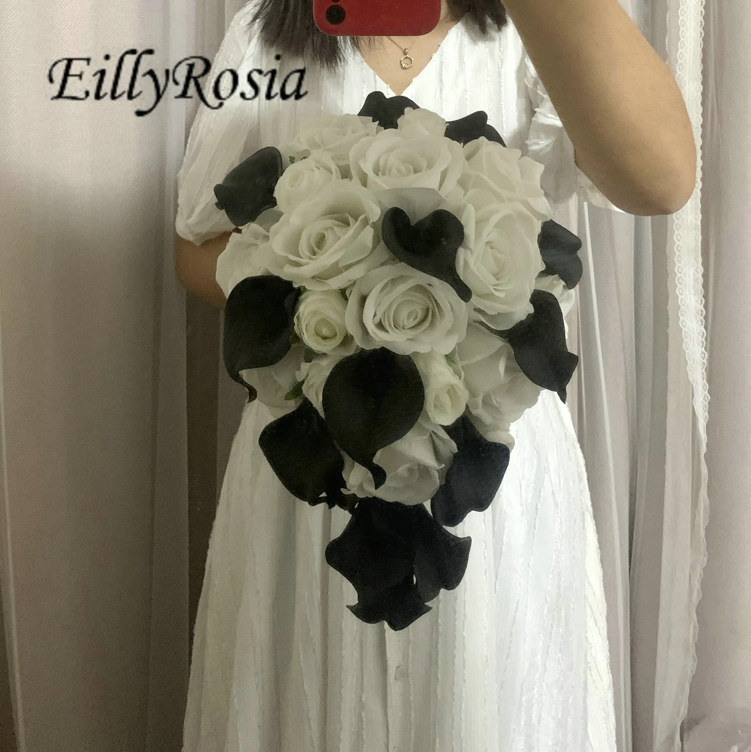 EillyRosia Black and White Cascading Bridal Bouquet Calla Lily Silk Roses Teardrop Wedding Flowers ramo de boda de novia