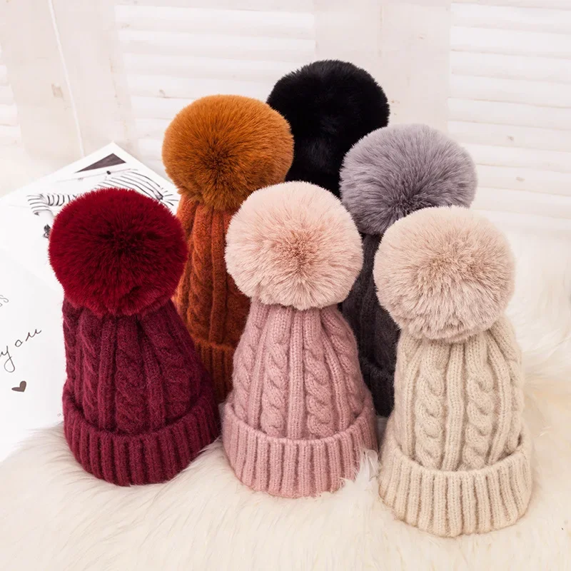 Fashion Warm Knitted Women's Hat Striped Winter Hats For Women Pink Fur Pompom Wool Beanies Thick Skullies Cap faux Pom pom Hat 2