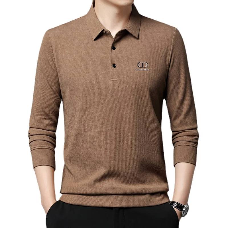 

Men's New Solid Color Versatile Long Sleeve POLO Shirt Underlay Waffle Texture