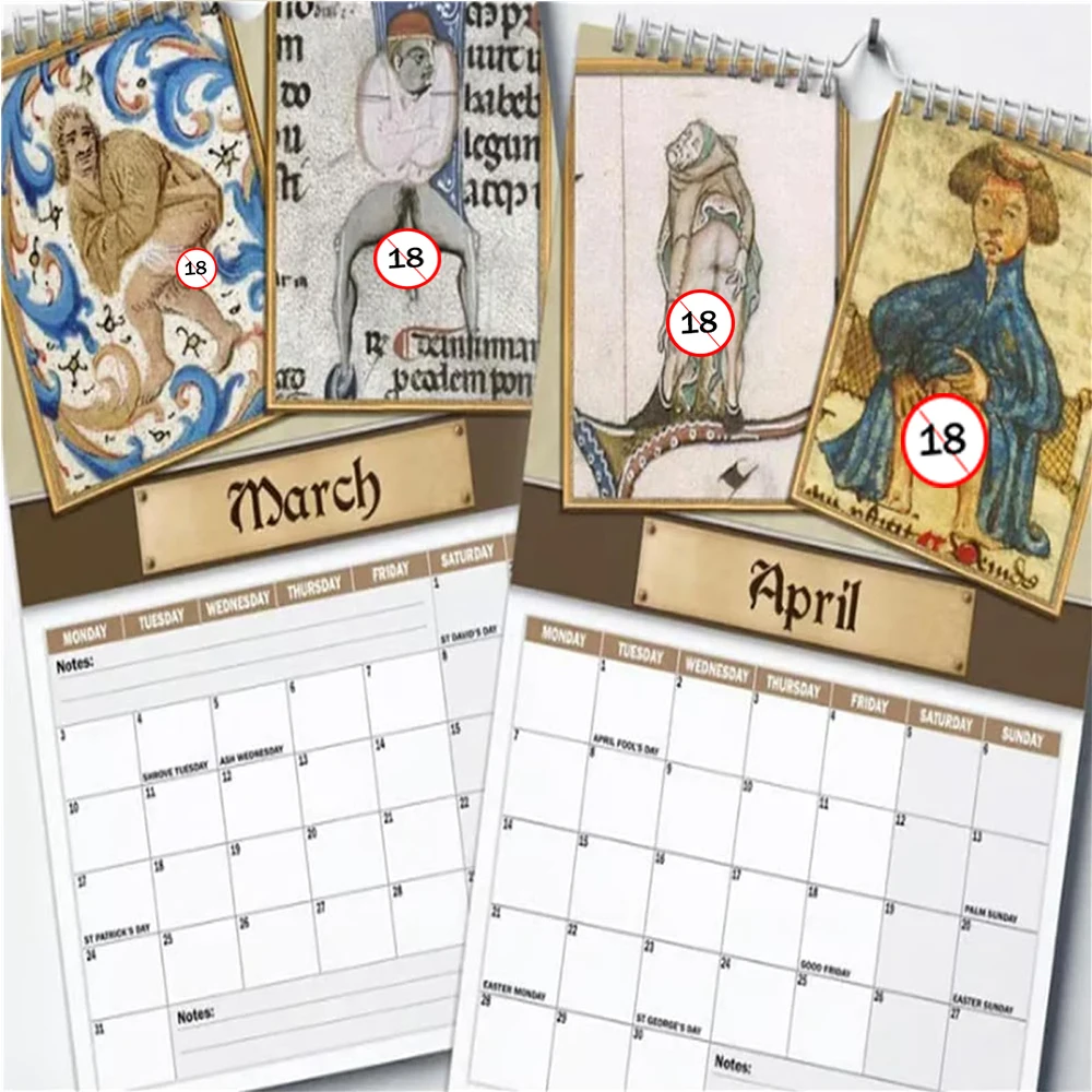 2026 Medieval Humor Wall Calendar Bawdy Historical Art for History s Perfect Gag Gift for Prankster Friends 1/2pcs