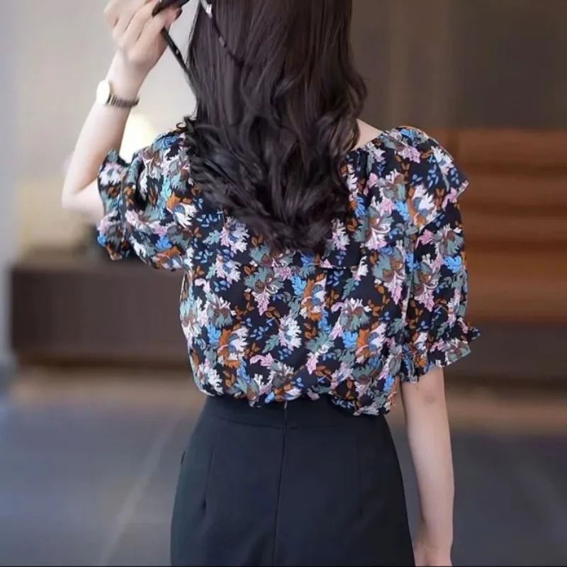 Fashion Women's Printed Slash Neck Elastic Shirt Tops 2024 Summer New Sweet Patchwork Ruffles Short Sleeve Loose Chiffon Blouses