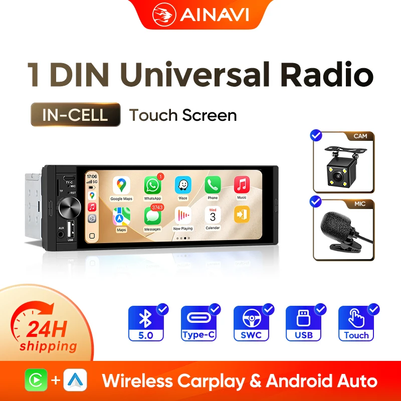 Autoradio AINAVI 1 DIN Carplay sans fil Android Auto Lecteur multimédia universel MP5 pour voiture Écran IPS HD 6,36 pouces Type-C BT 5.0 1DIN 1