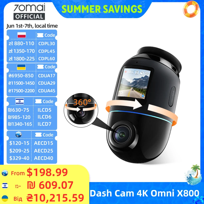 Zestaw 70mai Dash Cam 4K Omni X800-2 z modułem 4G UP04 Supercapacitor 360 ° Obrotowy pilot zdalnego sterowania z alertem w czasie rzeczywistym 70mai 4K X800