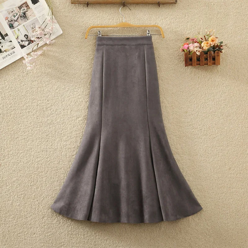 

OHRYIYIE Solid Color Woolen Cloth Skirt Women Autumn Winter Long High Waist Mermaid Skirt Female All Match Velvet Trumpet Skirt