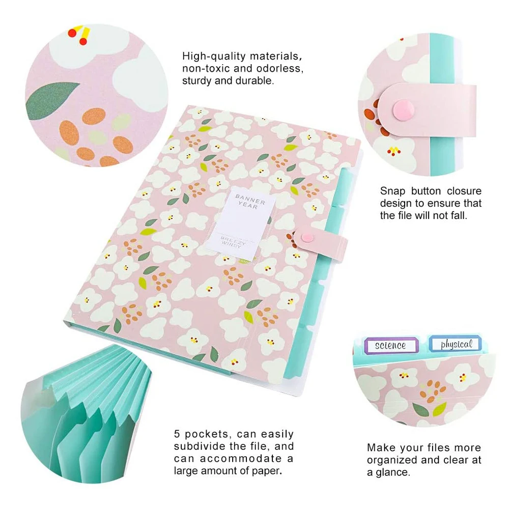 Portadocumenti Multifunzione con 5 Tasche Formato A4, Organizzatore Floreale per Documenti, Cartelle a Fisarmonica, Organizzatore per Documenti - immagine 5