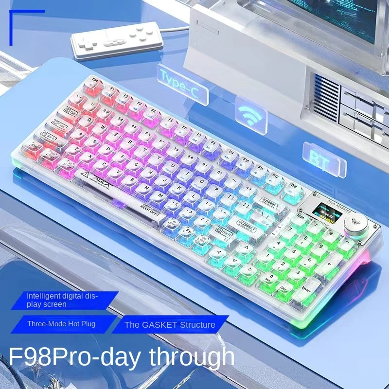 F98pro 투명 블루투스 트라이 모드 스마트 디스플레이 기계식 키보드, 맞춤형 아이스 크리스탈 개스킷 구조, 핫 스왑 가능