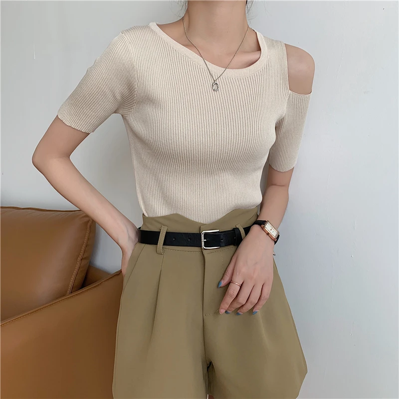 2022 Summer Knitted Sweater Pullovers Off Shoulder Sweater for Women Short Sleeve White Black Soft Female Jumper Clothing pullover sweater