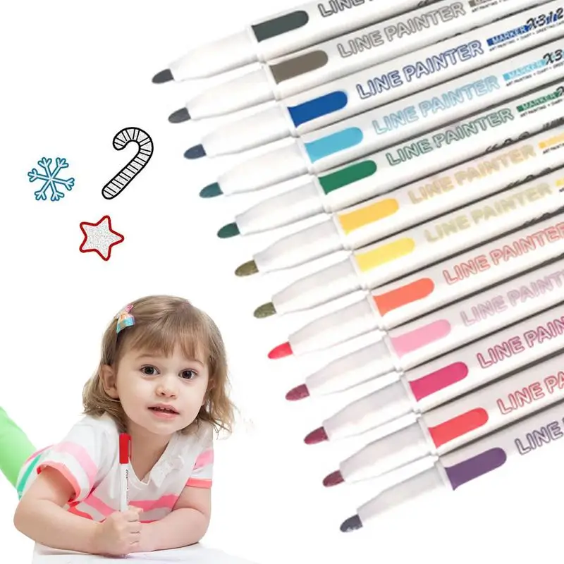 

12 Colors Double Line Pen Outline Paint Marker Pens DIY Album Scrapbooking Metal Outline Marker For Drawing Painting Doodling