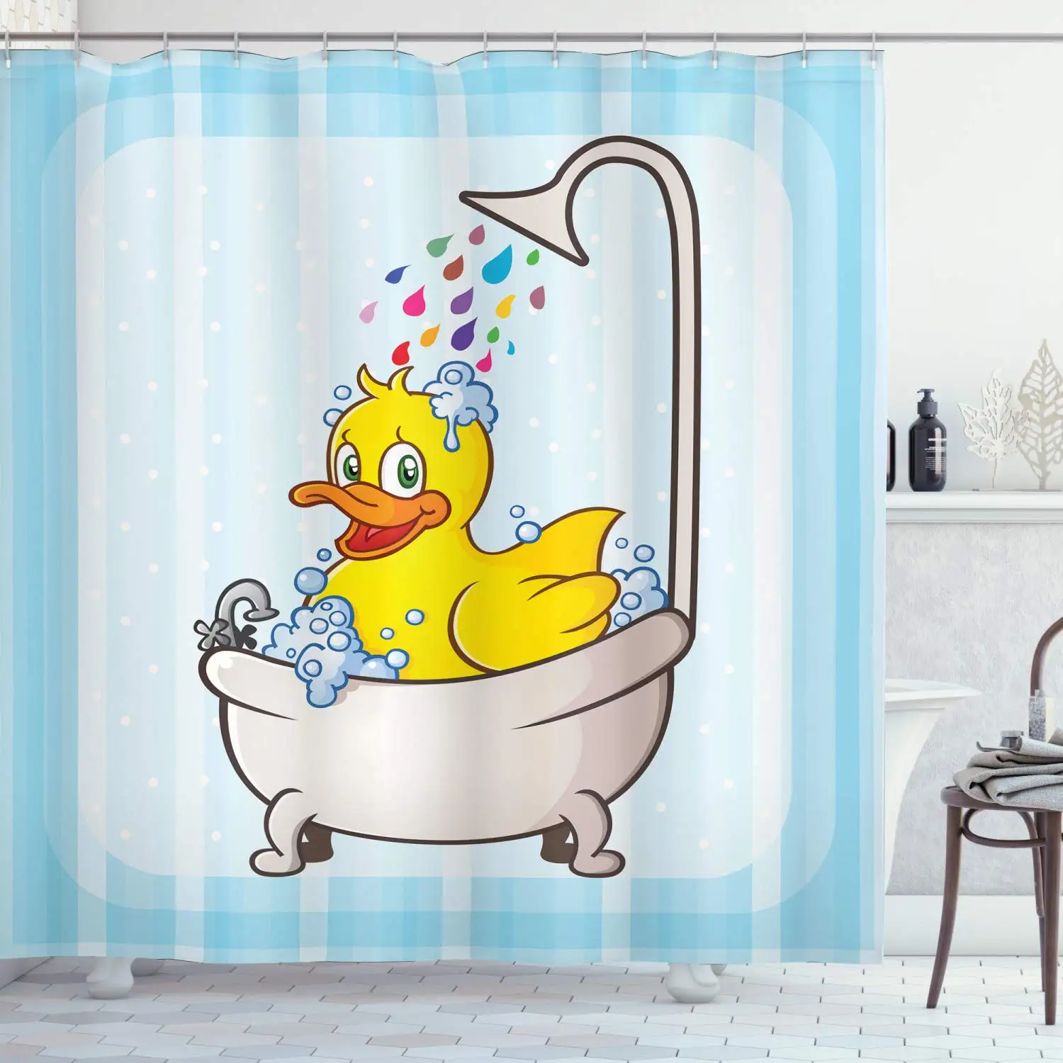 Shower Curtain Duck Cartoon Character Bath Drops Dots Cloth Fabric with Hooks