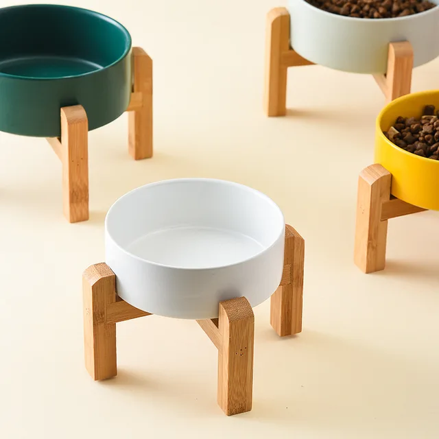 Multi-sized Big Dogs Bowl Ceramic Elevated Pet Food Water Feeders Small Medium Large Dog Feeding Supplies with Wooden Stand 3