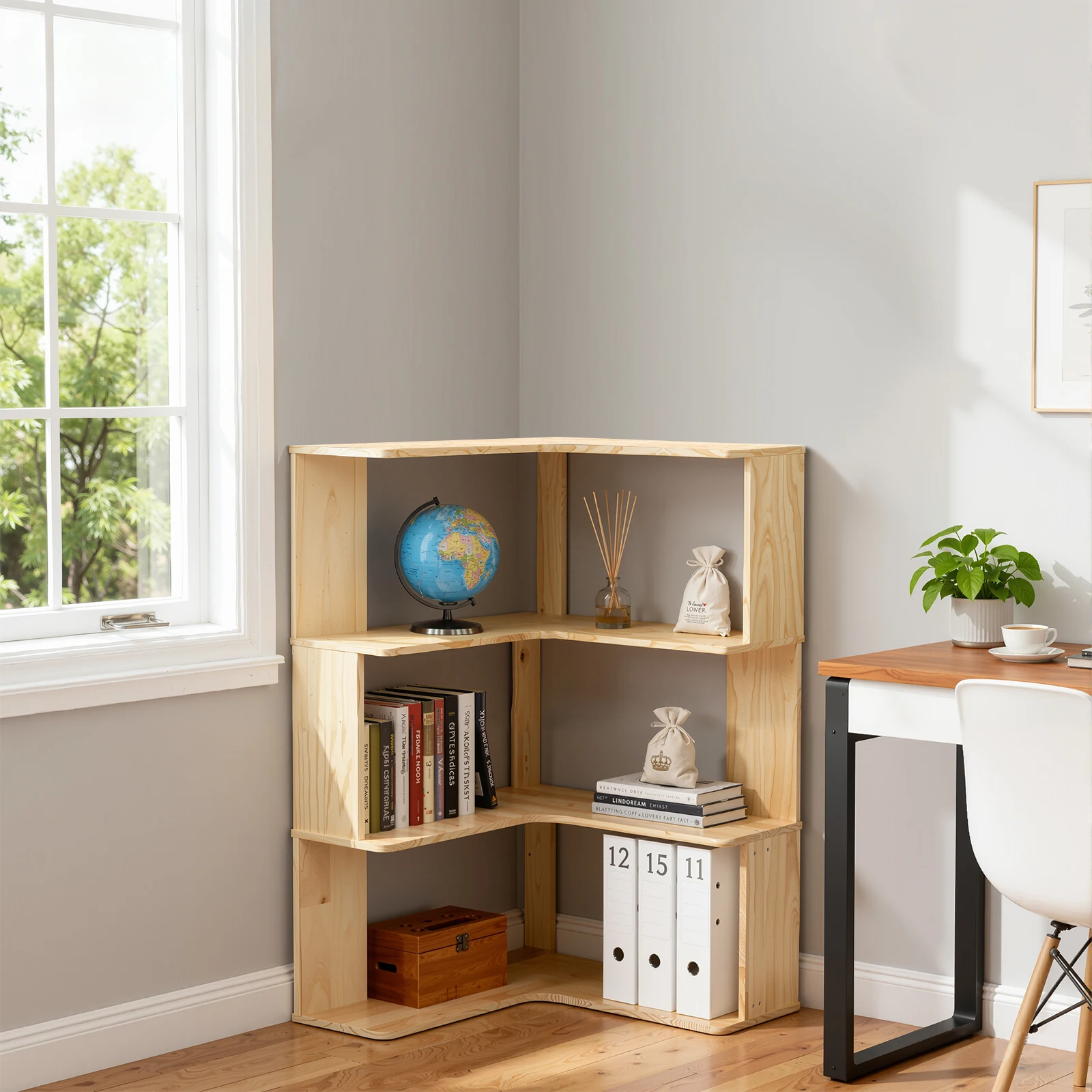 Holz-Eckregal, L-förmiges Modernes Stehendes Bücherregal für Wohnzimmer, Arbeitszimmer, Büro – Detail 3