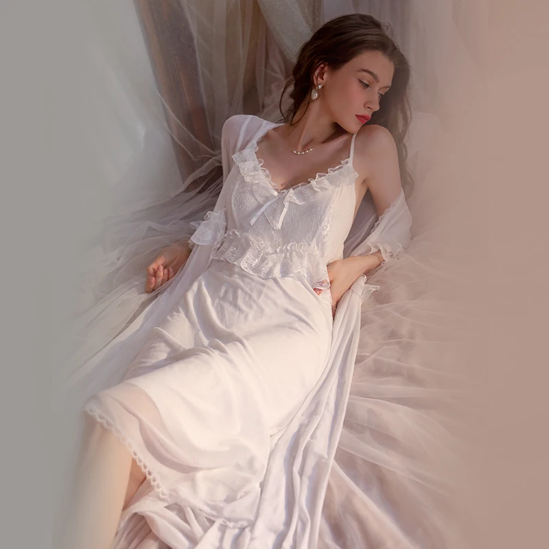 Women's Nightdress Lace Pajamas Sexy Beauty Back Sleeping Dress Sling V Neck  Long Lingerie Night Wears Home Clothes Sleepwear