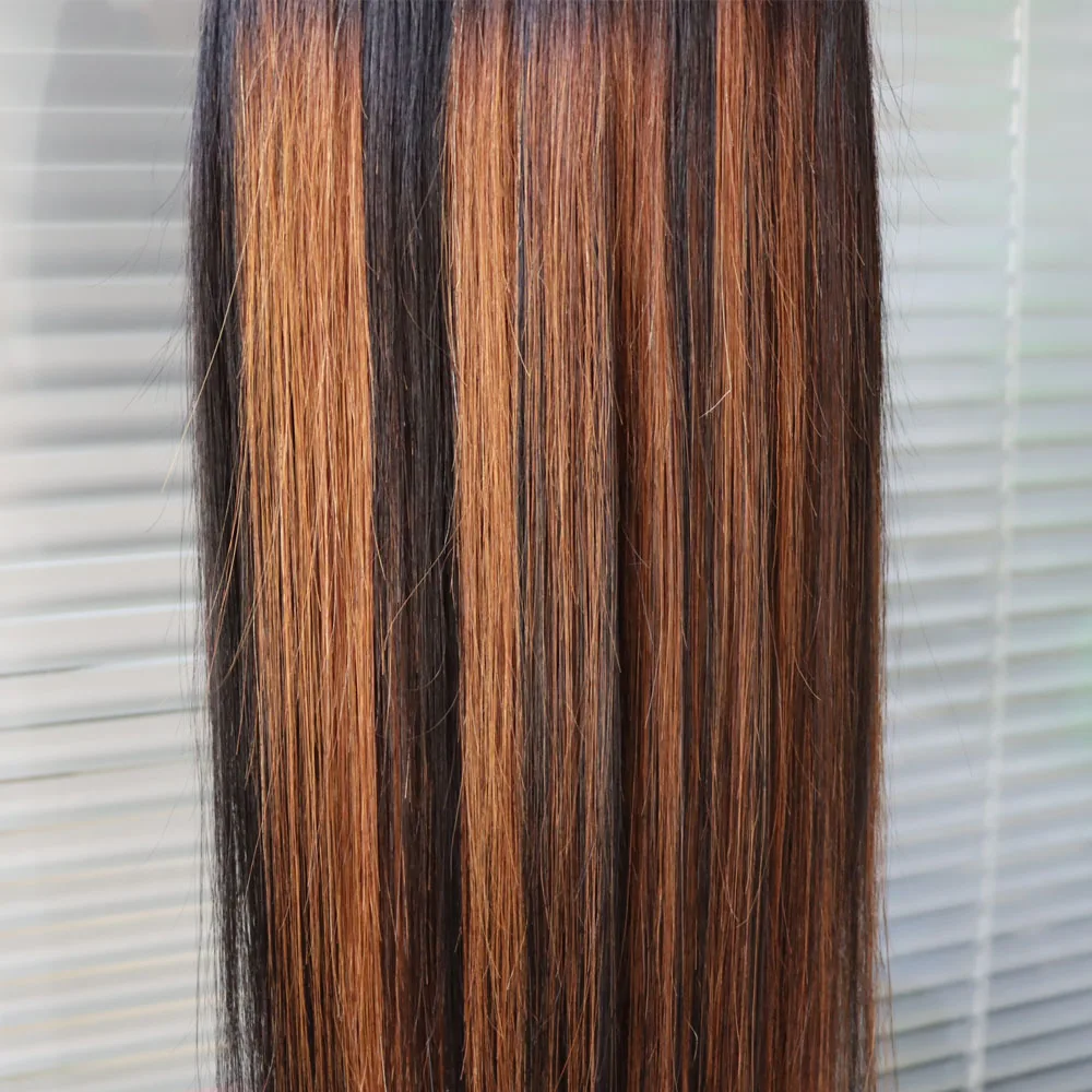 Highlight Virgin Remy Human Hair Bundle Double Weft Straight Wave 1B/30 Light Brown Piano Color Indian Human Hair Weave Black 3