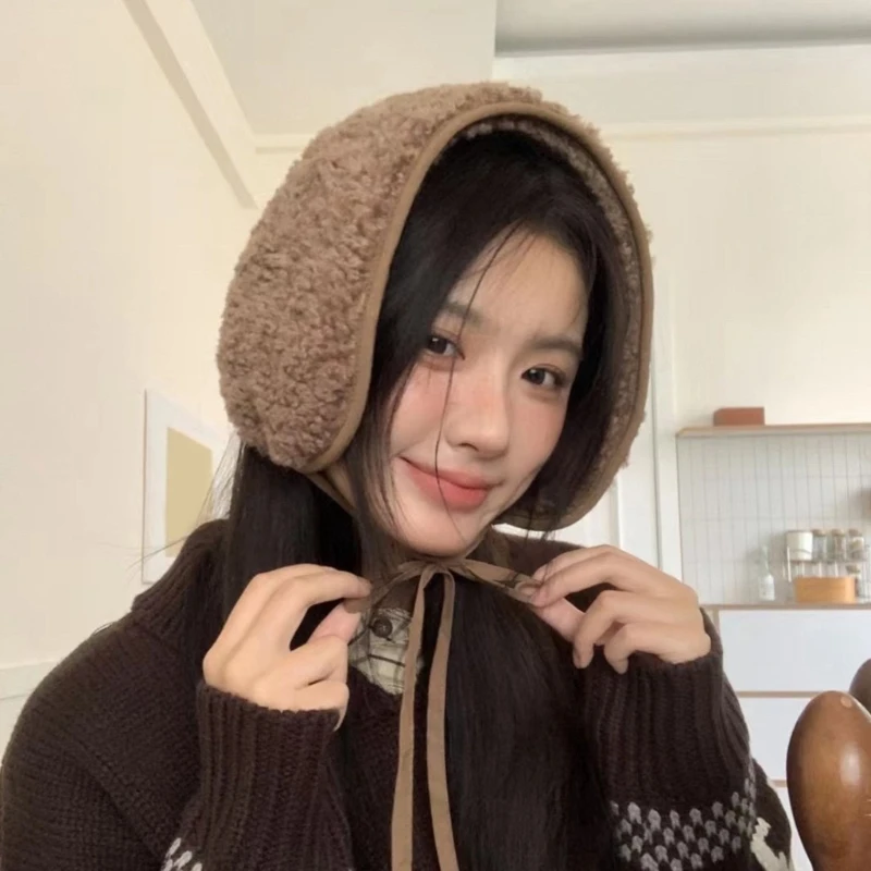 Korean Simple Solid Color Lamb Wool Earmuffs Winter Outdoor Leisure Versatile Pullover Thermal Ear Protection Headband for Women