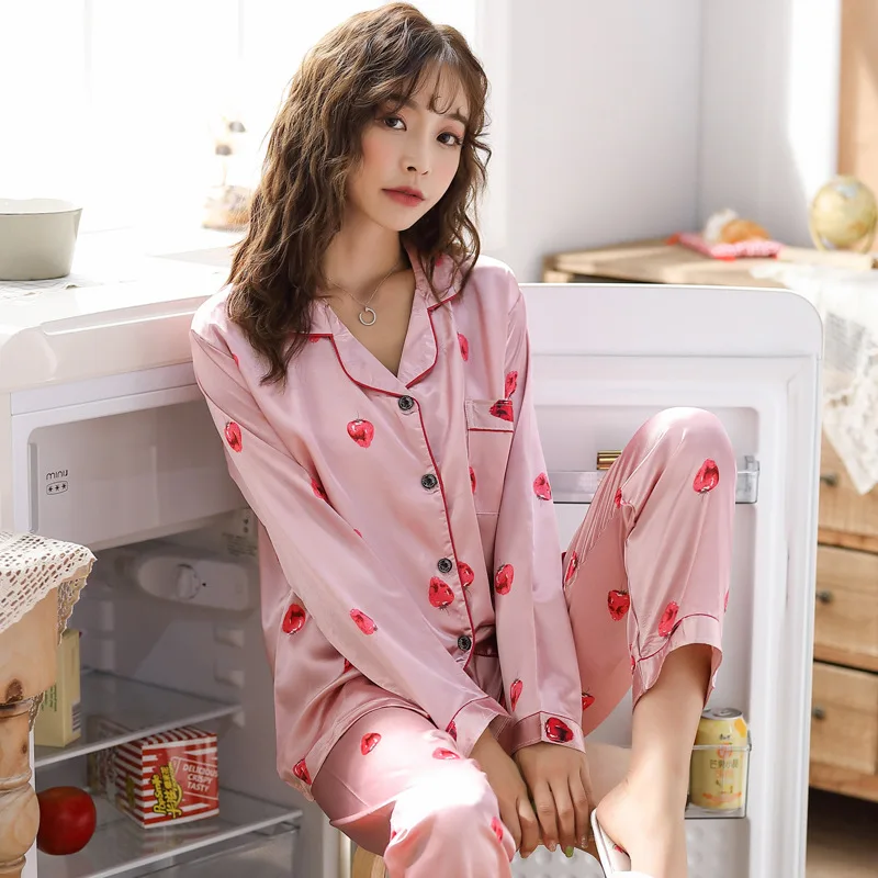 Women's Pajamas Sets Faux Silk Satin Pyjamas Female Pijamas Lapel Long Sleeve Shirt Pants Suit Sleepwear Homewear Loungewear