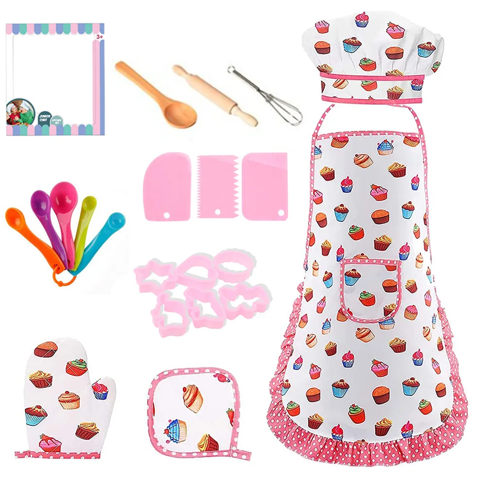 

4/11Pcs Kids Cooking Apron Gloves Hat Set Pink Easter Halloween Child Chef Kitchen Baking Tool Play House Toys