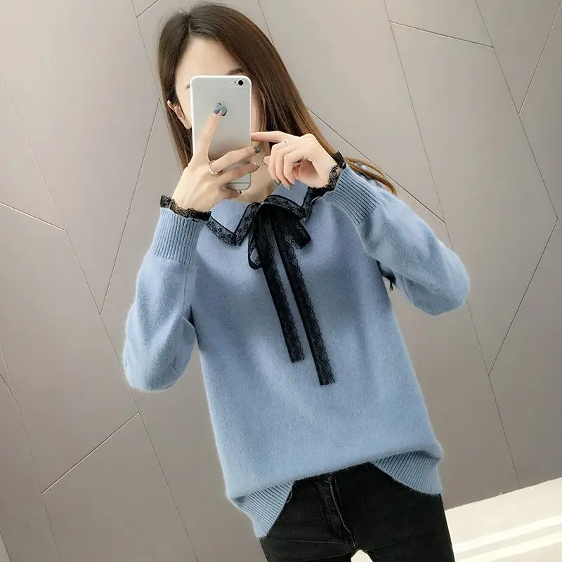 Sweet Solid Color Peter Pan Collar Spliced Lace Bow Blouse Female Clothing 2022 Autumn Loose Casual Tops All-match Chic Shirt