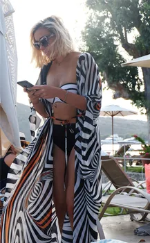 2022 Bohemian Printed Bikini Cover Ups Elegant Self Belted Kimono Dress Tunic Women  Beach Wear Swim Suit Cover Up
