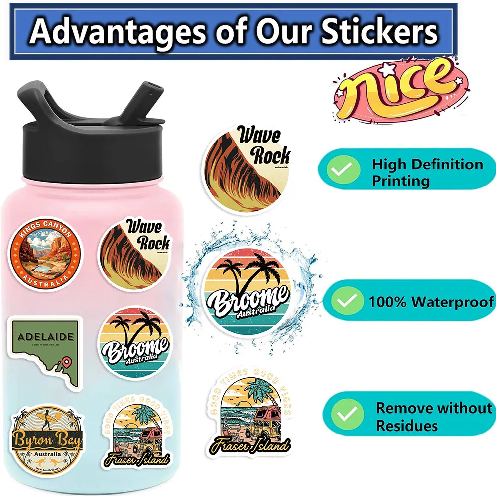 50PCS 호주지도 랜드마크 스티커 여행 데칼 방수 비닐 물병 노트북 가방 전화 케이스