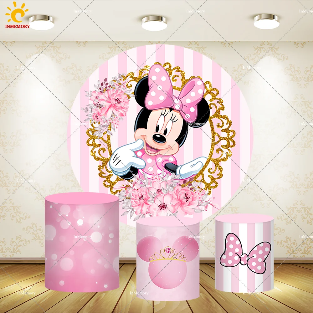 Disney Minnie Mouse Round Backdrop Pink Girls Birthday Party Circle Background Photobooth with Flowers Bow Cylinder Covers Vinyl Polyester