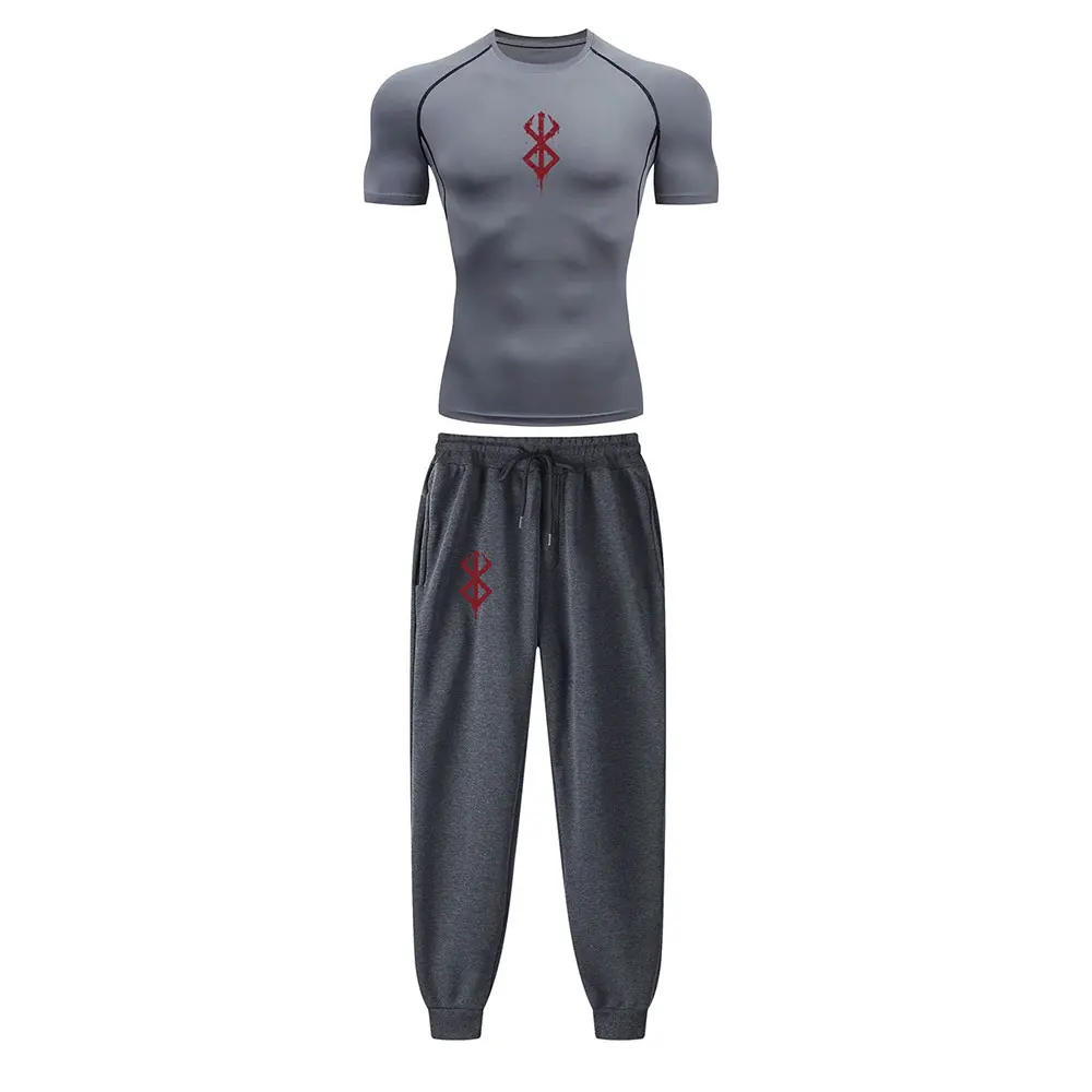 Anime Compression Set Berserk Guts Print Performance GYM Set Men's Athletic Workout Quick Dry Shirts + Sweatpants Unisex Sportwear sports suit