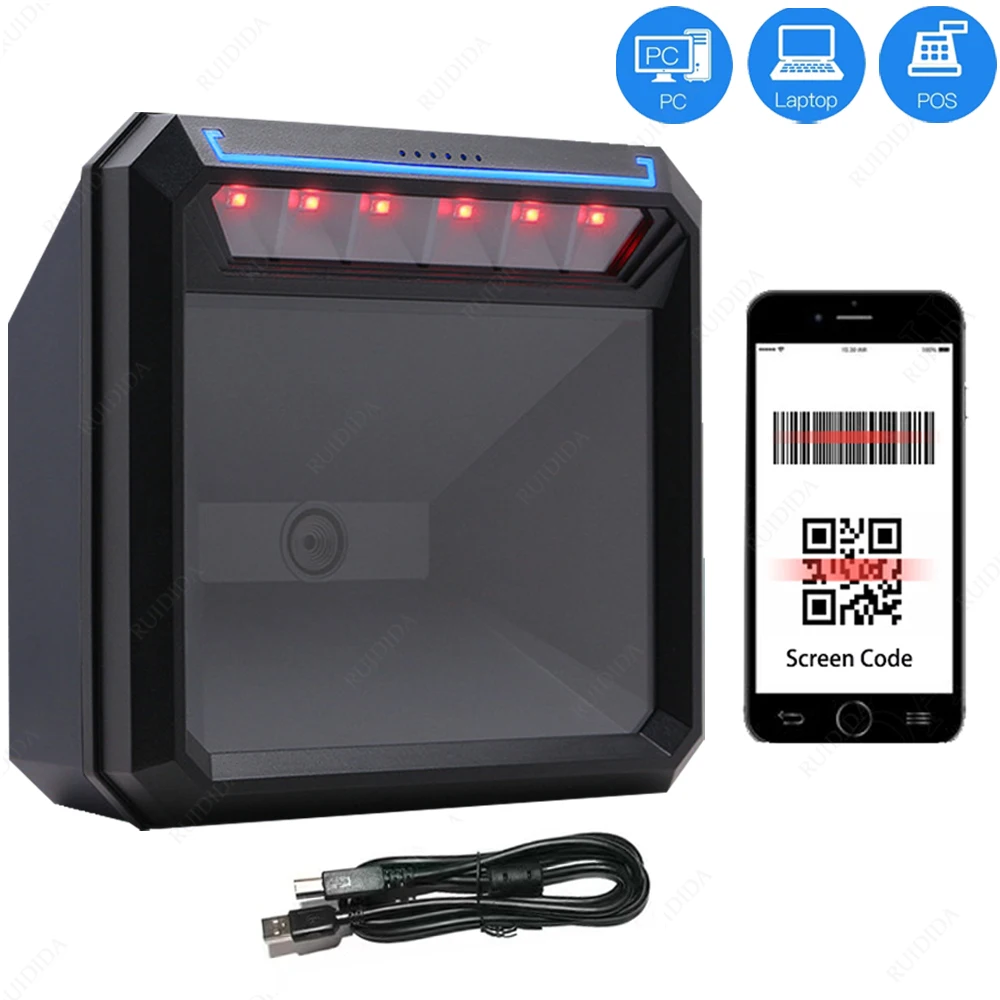 

New 2D Desktop Barcode Scanner Omnidirectional Hands-Free Wired USB Big Barcode Reader 1D QR Screen Barcodes Scanning Scanner