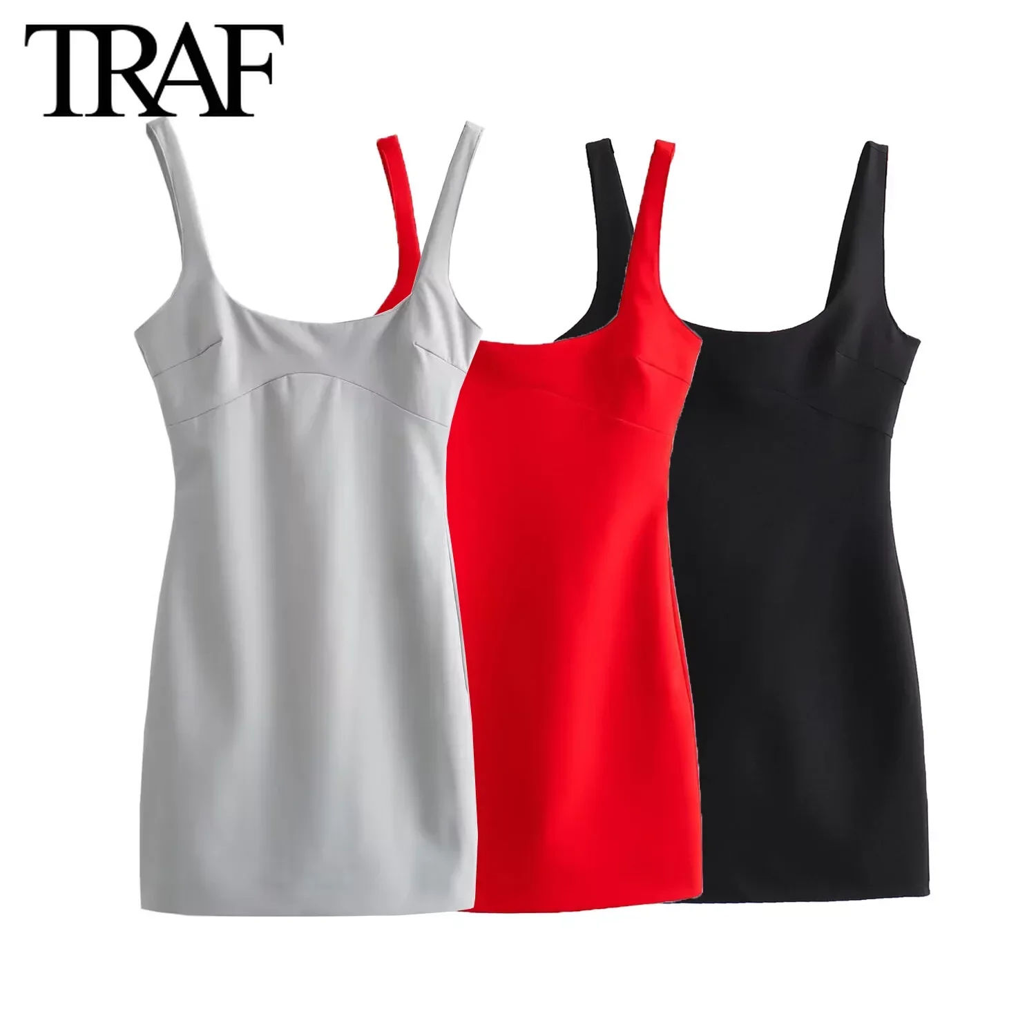 TRAF 여성용 섹시한 핫 슬림 백 지퍼 민소매 백리스 슬링, O-넥 미니 원피..