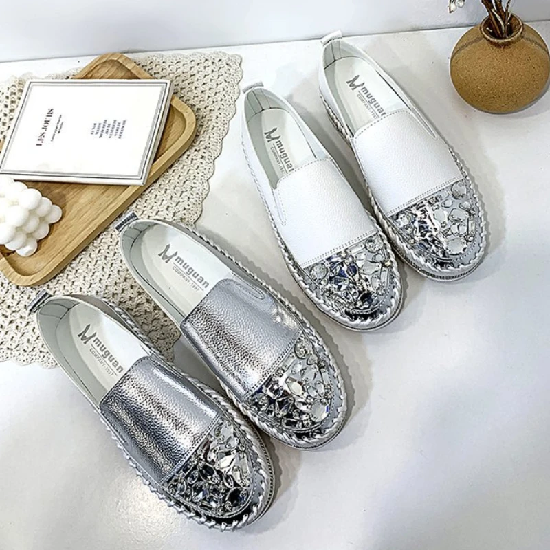zapatillas mujer zapatos deportivos zapatos Mocasines con costura de diamantes de imitación para mujer, zapatos informales sin cordones, parte gruesa y cabeza redonda, a la moda, para otoño, talla grande| | -