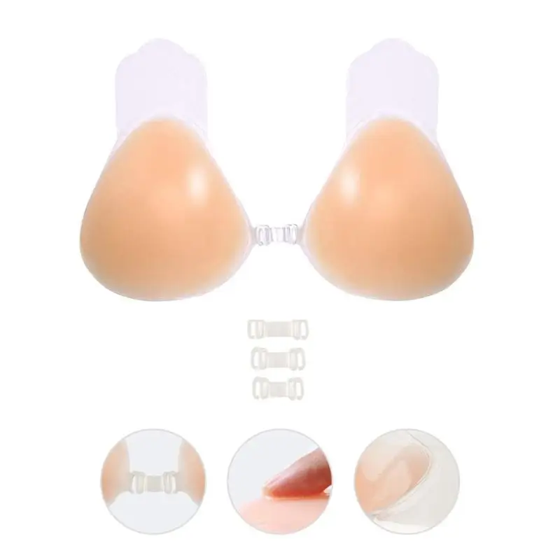 

1Pair Womens Adhesive Sticky Bra Silicone Strapless Push Up Invisible Lifting Breast Pad Reusable Nipple Cover with Front Clip
