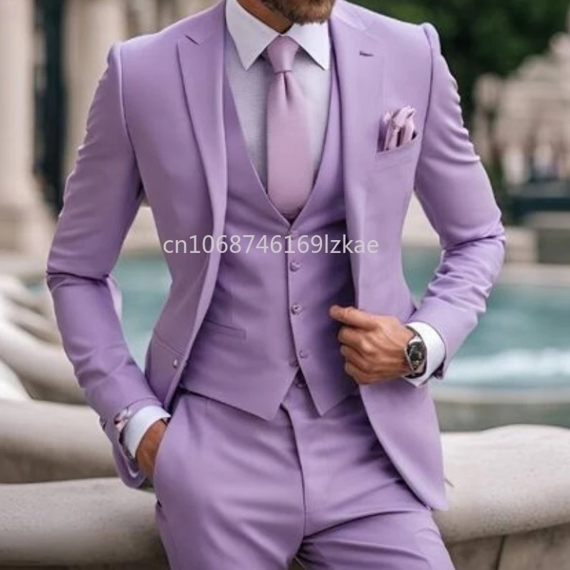 Light Purple 3 Piece Suits for Men Classic Formal Elegant Male Wedding Groomsman Tuxedos Blazer Vest Pants