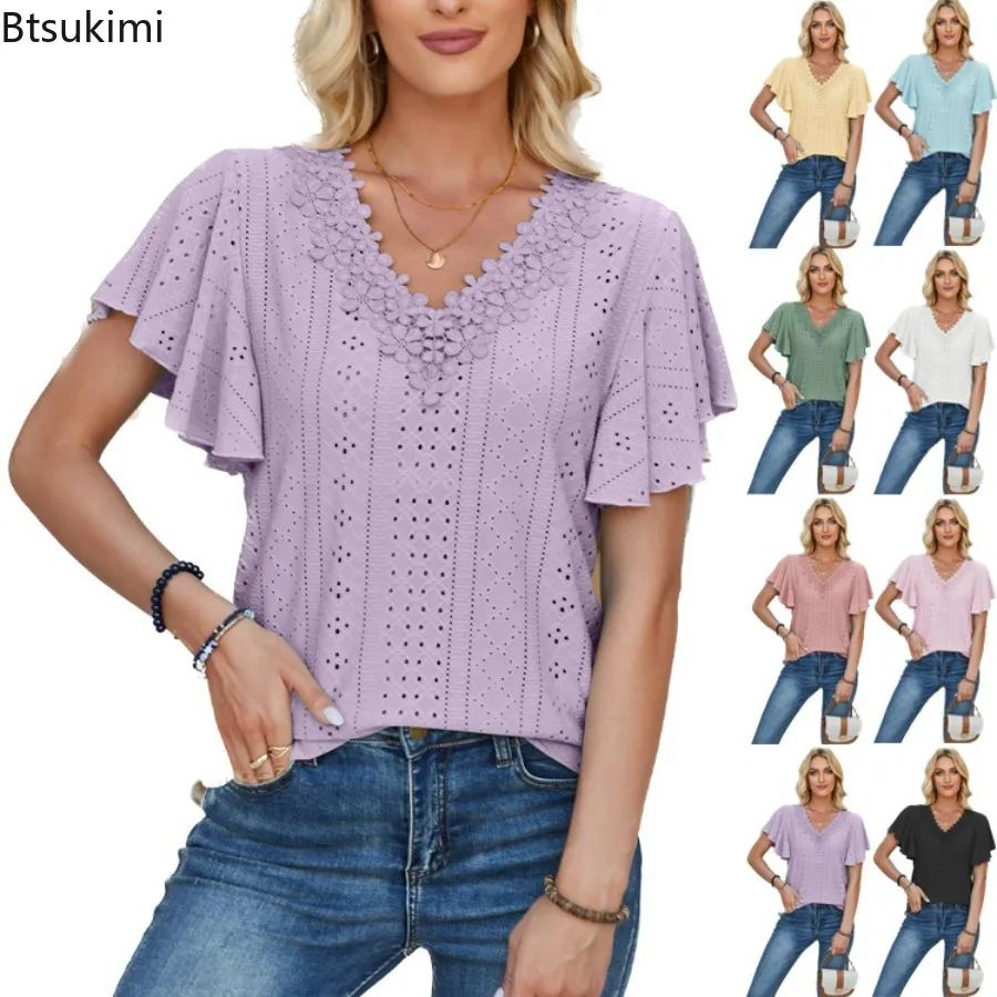 

2024 Women's Summer Casual Lace Short Sleeve Shirts V-Neck Ruffle Sleeve Solid T-Shirt Simple Style Clothing T-Shirts Female