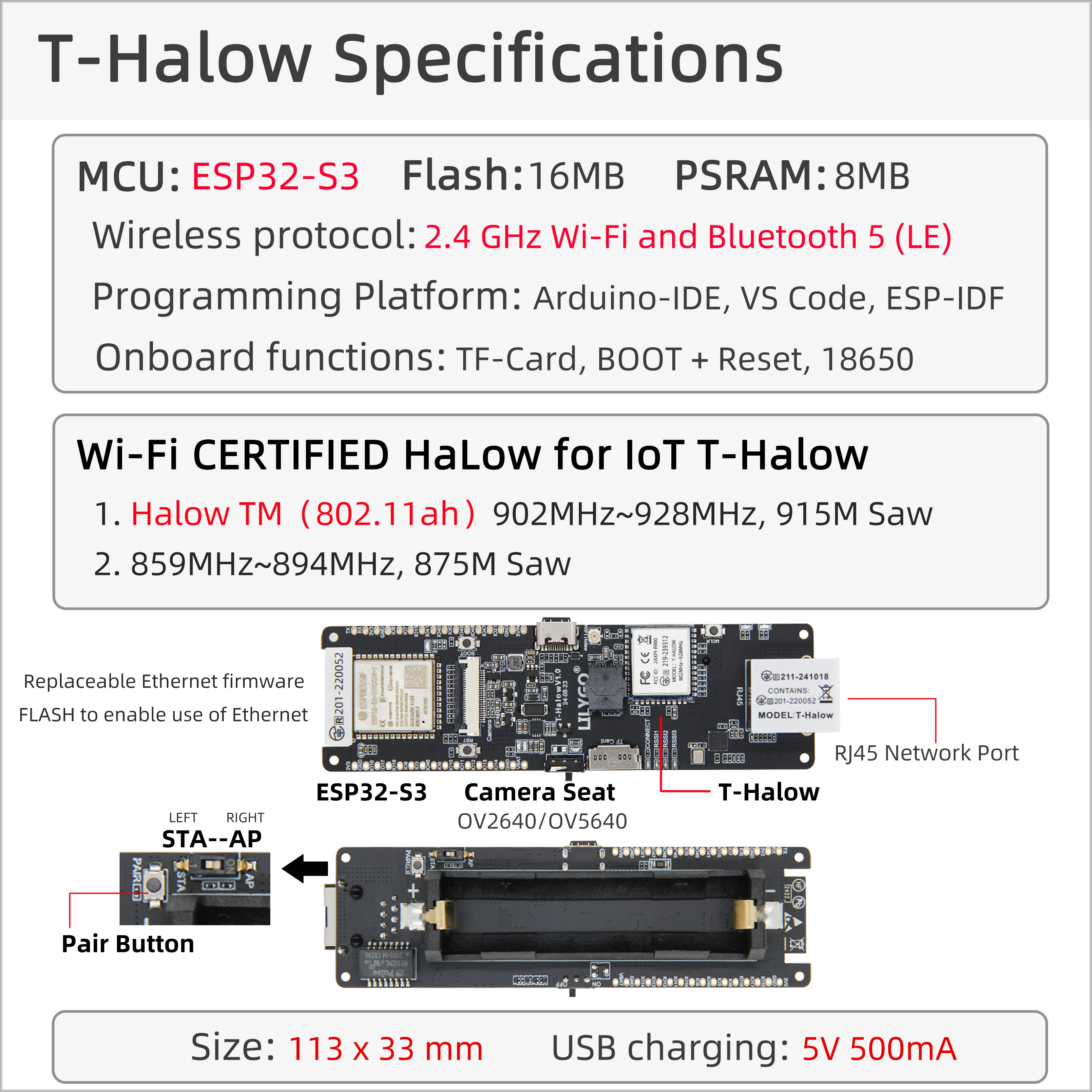 ® T-Halow ESP32-S3 Ethernet Development Board WiFi Bluetooth Module Wi-Fi CERTIF