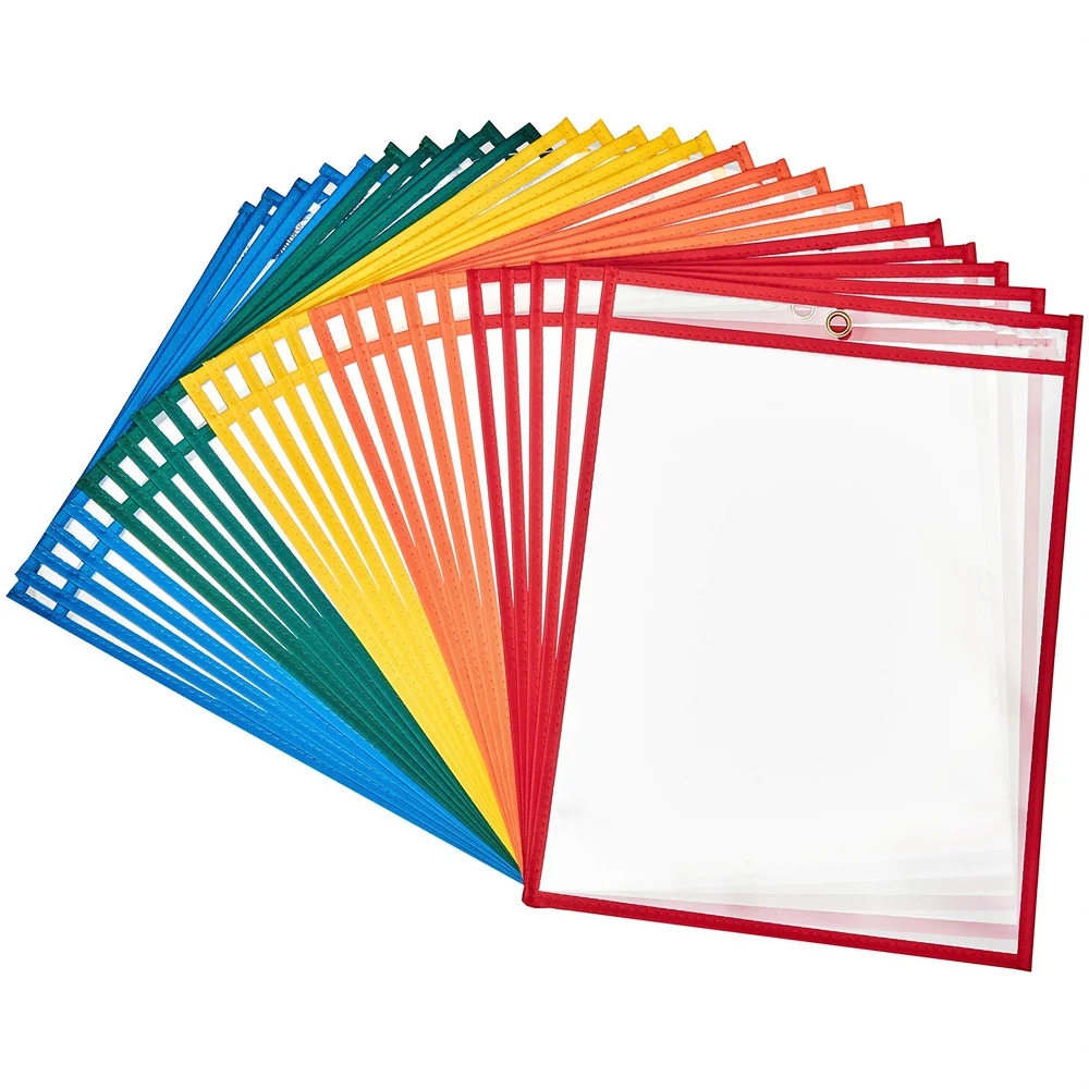 6 Reusable Dry Erase Pockets Save Time and Paper Easy to Write and Wipe Protect A4 Size Paper Perfectly 14” x 10” Dry Erase Pocket Sleeves Clear Multi-Coloured Plastic Sheets 